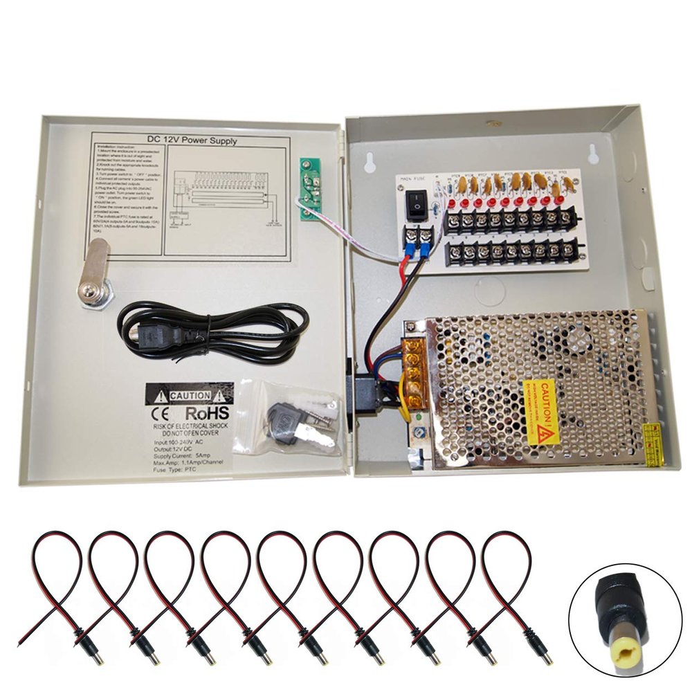 Evertech 9 Channel 12V DC 5A Power Supply Distributor Box w/ 9X DC Plug and CCTV Sign