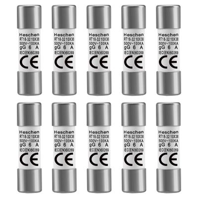 Heschen RT18-32 (RO15) Cylindrical Ceramic Fuse 10x38mm, 6A 500V AC, 100kA gG Class - Fast Acting Replacement for Industrial Control Panels (10 Pack)
