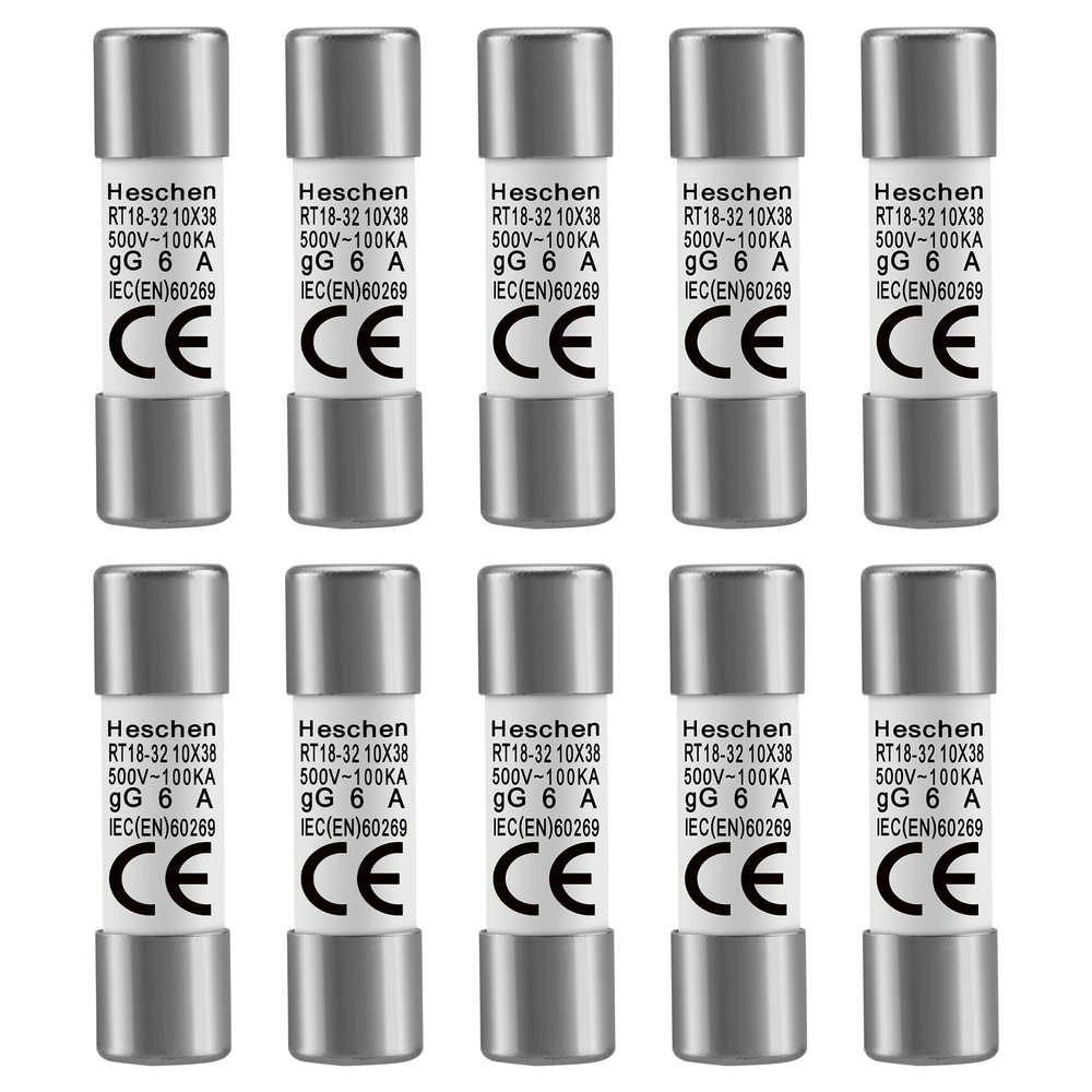 Heschen RT18-32 (RO15) Cylindrical Ceramic Fuse 10x38mm, 6A 500V AC, 100kA gG Class - Fast Acting Replacement for Industrial Control Panels (10 Pack)