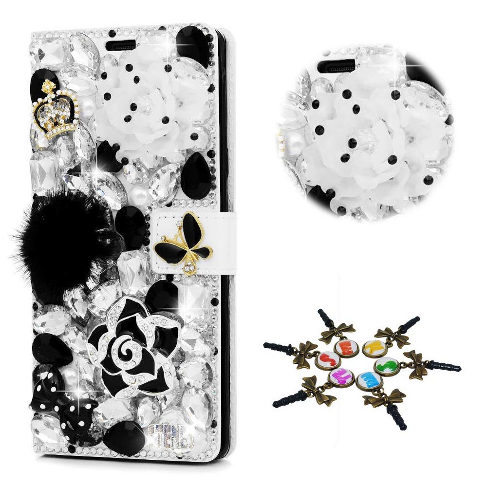 STENES Bling Case Compatible with iPod Touch 6 - Stylish - 3D Handmade Camellia Flowers Crown Bowknot Design Magnetic Wallet Leather Cover Compatible with iPod Touch 5/6 - Black&White