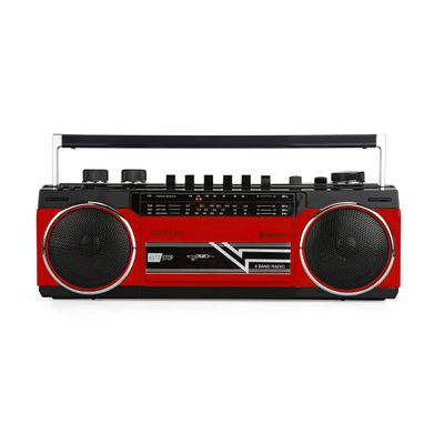 Riptunes Cassette Boombox, Retro Blueooth Boombox, Cassette Player and Recorder, AM/FM/SW-1-SW2 Radio-4-Band Radio, USB, and SD, RED