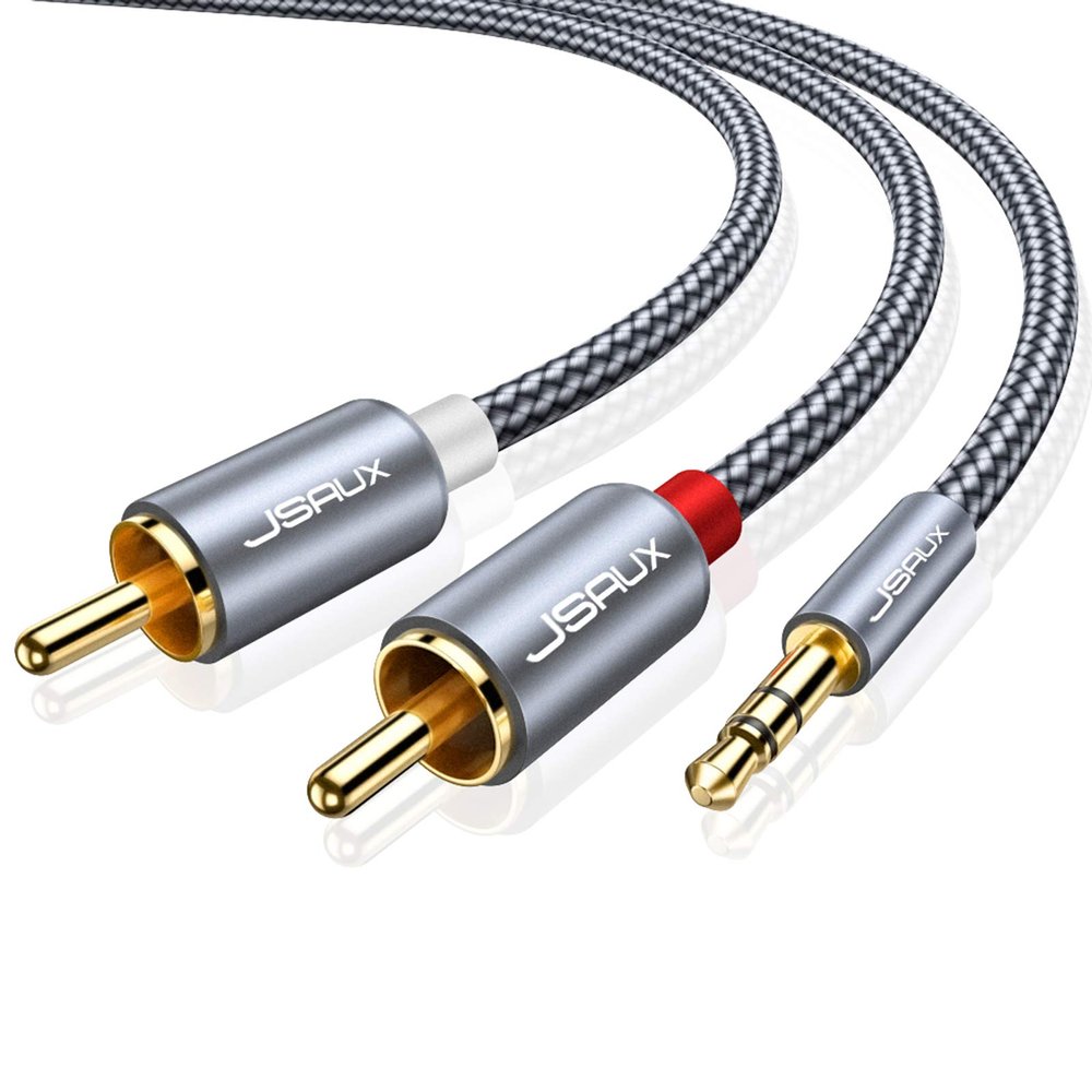 JSAUX 10ft/3M Aux to RCA Headphone Male to Male Jack Adapter Nylon Braided 1/8 to RCA Audio Y Cord for Smartphones, MP3, Tablets, Speakers, HDTV - Grey
