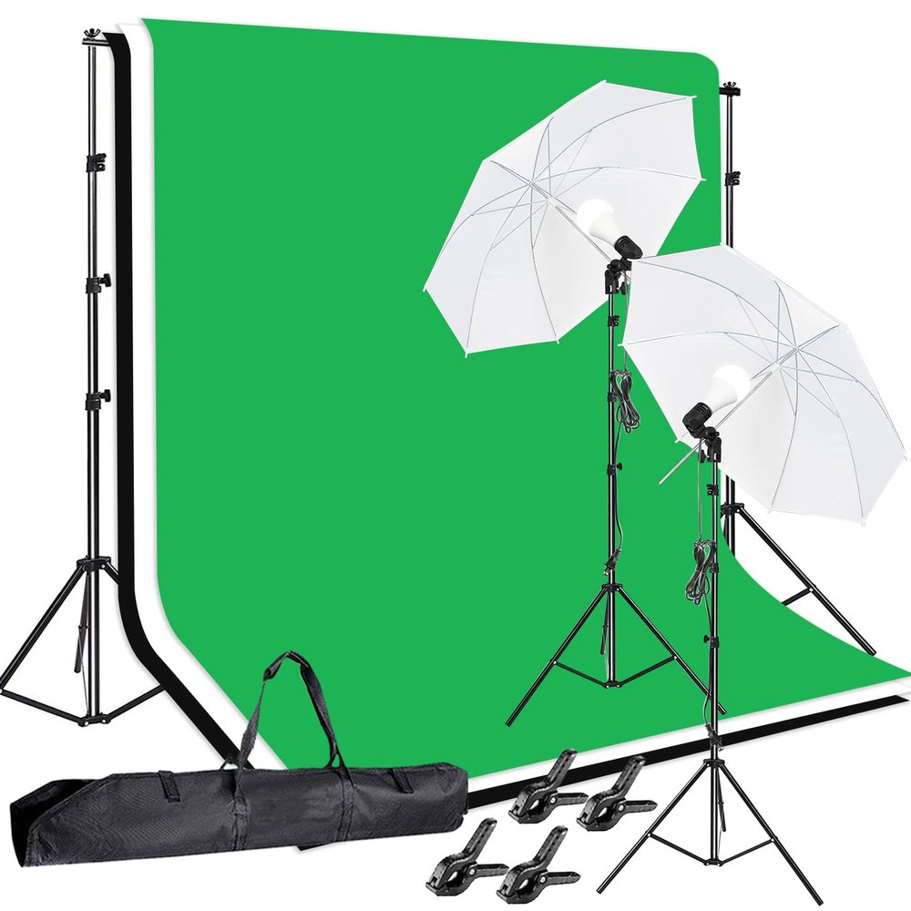 Photo Video Studio 10 x 8.5ft Stand with Muslin Backdrop (Green /White /Black) & 85W 5500K Led Bulb & Umbrella Lighting Kit Photography Background Support System Kit,Clamp, Carry Bag