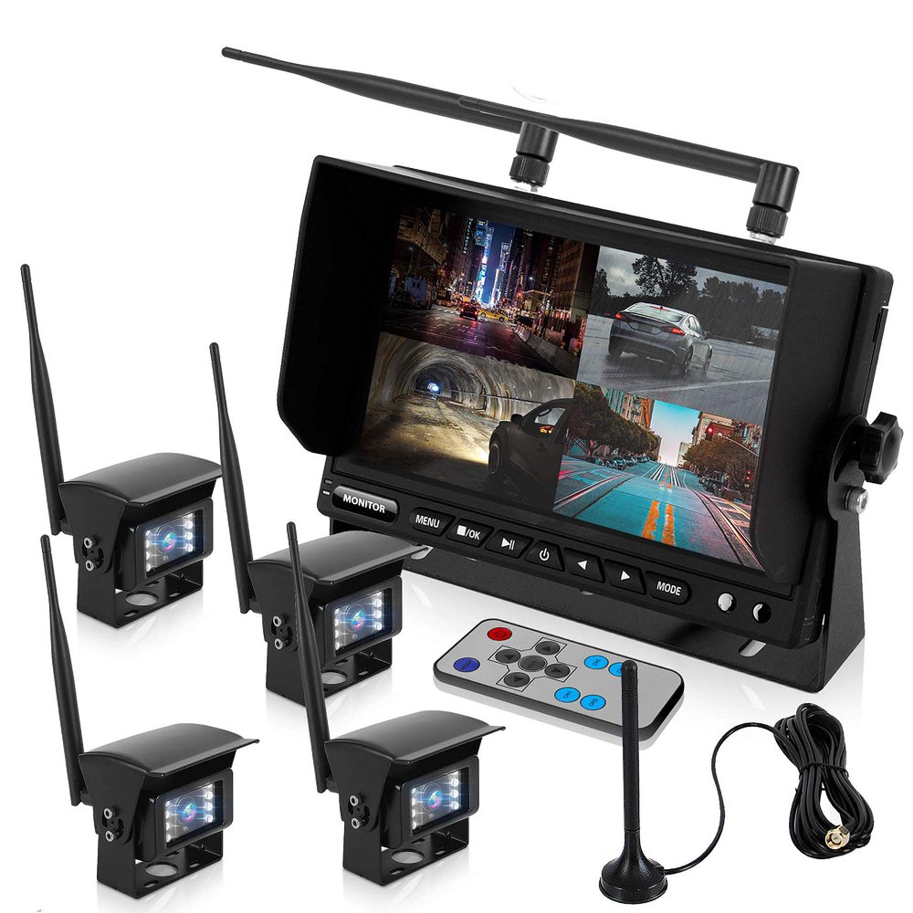 Pyle Wireless Backup Rearview Dash Camera - Waterproof Car Parking Rear View Reverse Safety Vehicle Monitor System W/Quad View 7 Video LCD, DVR Recording, Night Vision - Remote Control - PLCMTR83QIR