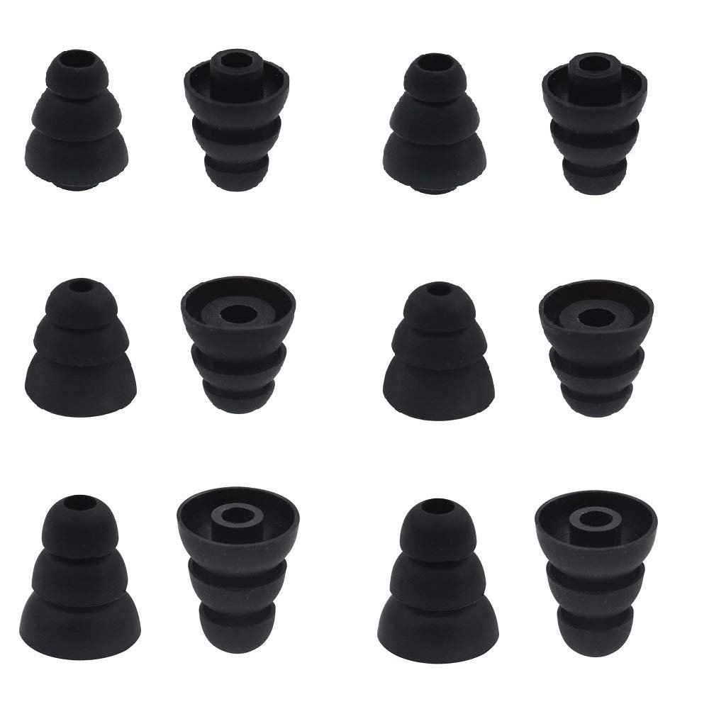 BLLQ 6 Pairs Replacement Triple Flange Conical Ear Tips Earbuds Eartips Silicone Buds for Most in Ear Headphones (Sony Senso Powerbeats Jaybird etc.) Black [S/M/L 3 Size] (3flange Tips 3)