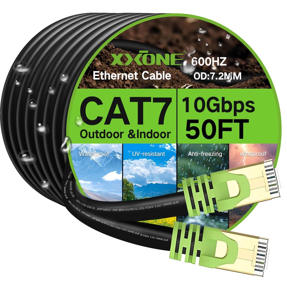 Outdoor Cat 7 Ethernet Cable 100ft, 26AWG Heavy-Duty Cat7 Networking Cord Patch Cable RJ45 Transmission Speed 10GbpsTransmission Bandwidth 600Mhz LAN Wire Cable SFTP Waterproof Direct Burial (100FT)