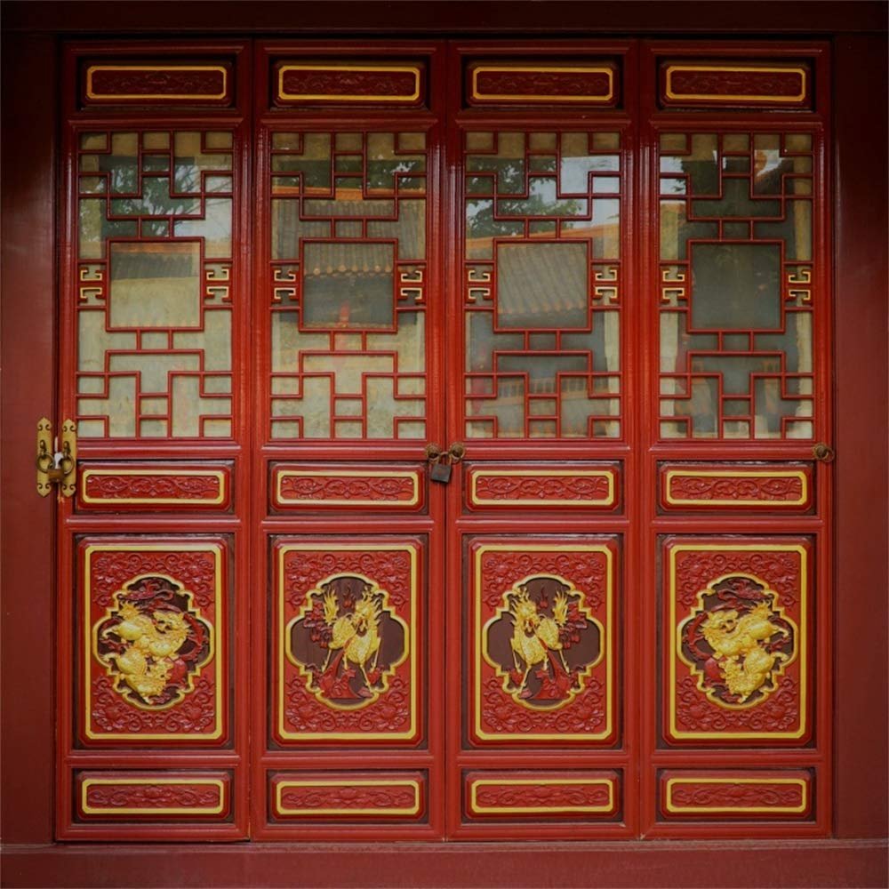 AOFOTO 8x8ft Traditional Chinese Dragon Carved Lattice Windows Backdrop Oriental China Wooden Door Panels Ancient Red Royal Palace Photography Background Happy New Year Festival Photobooth Props