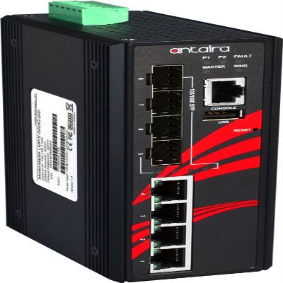 Antaira LMP-0804G-SFP Industrial-Grade 8-Port PoE Managed Gigabit Ethernet Switch, 4 SFPs, DIN-Rail Mount, -10 to 70C Operating Temperature, Redundant 48 to 55 VDC Power Input, 5-Year Warranty
