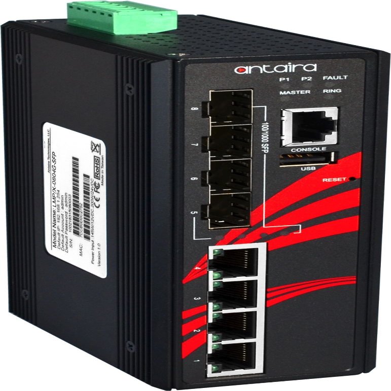 Antaira LMP-0804G-SFP Industrial-Grade 8-Port PoE Managed Gigabit Ethernet Switch, 4 SFPs, DIN-Rail Mount, -10 to 70C Operating Temperature, Redundant 48 to 55 VDC Power Input, 5-Year Warranty