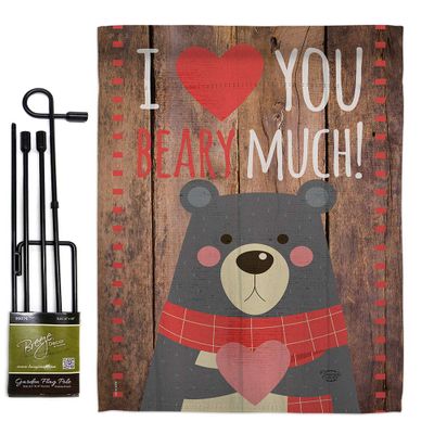 I Love You Beary Much Garden Flag Set with Stand Springtime Valentine Happy Heart Couple Romantic February Holiday Small Decorative Gift Yard House Banner Made In USA 13 X 18.5