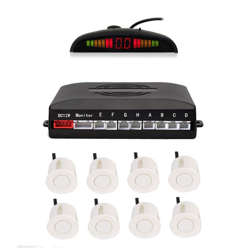 Car Reverse Parking sensors System with 8 Parking Sensors Distance Detection + LED Distance Display + Sound Warning (White Color)