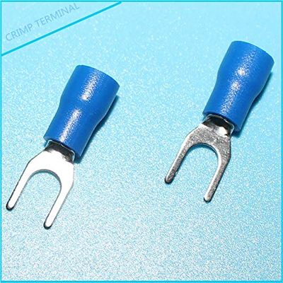 Davitu 100pcs Blue Y/U Type Spade Crimp Terminal SV2-4 Insulated Electrical Connectors for 16AWG-14AWG Wire - (Color: Blue)