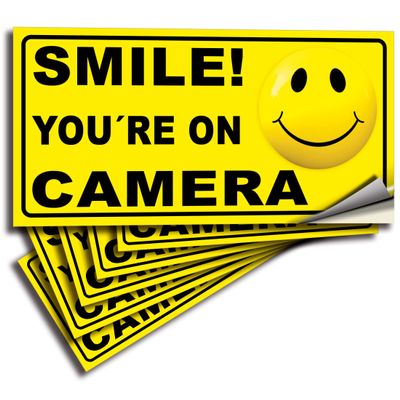 iSYFIX Smile You're On Camera Reflective Stickers for Home - 6 Pack 4x2 Inch - UV, Weather, Scratch, Fade Resistance, Security Camera Sign for Home, Business, CCTV