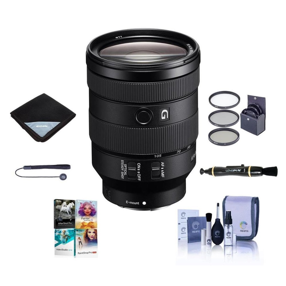 Sony FE 24-105mm f/4 G OSS E-Mount Lens - Bundle W/77mm Filter Kit, Lens Wrap, Cleaning Kit, , Capleash, PC Software Package