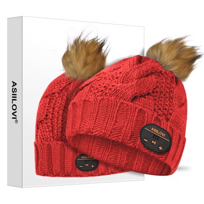 ASIILOVI Bluetooth Beanie, Double-Layer Wool Lining Bluetooth Hat Beanie with Pom Pom for Women/Teen Girls/Family, 20hrs Playing, Gift Packaging for Christmas Stocking Stuffers Thanksgiving (03-Red)