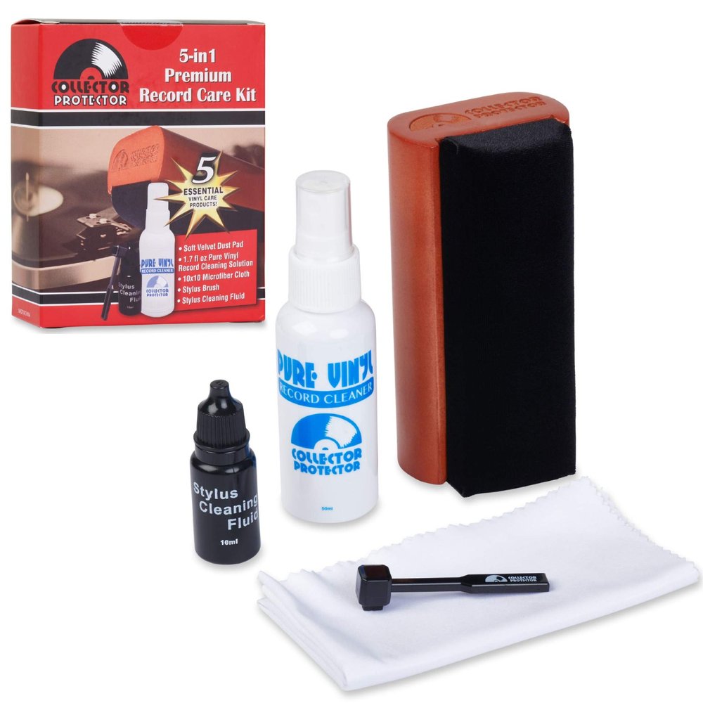Collector Protector Vinyl Record Cleaner Kit - Includes 70s-Style Soft Velvet Record Brush, LP Cleaning Solution, Stylus Brush & Cleaning Liquid, Microfiber Cloth & Storage Pouch