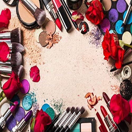 Leyiyi Makeup Backdrop 7x5ft Photography Backdrop Lipstick Colorful Eye Shadow Brushes Eyebrow Pencil Yellow Blossoming Rose Makeup Blogger Live Video Room Decoration Ladies Photo Props