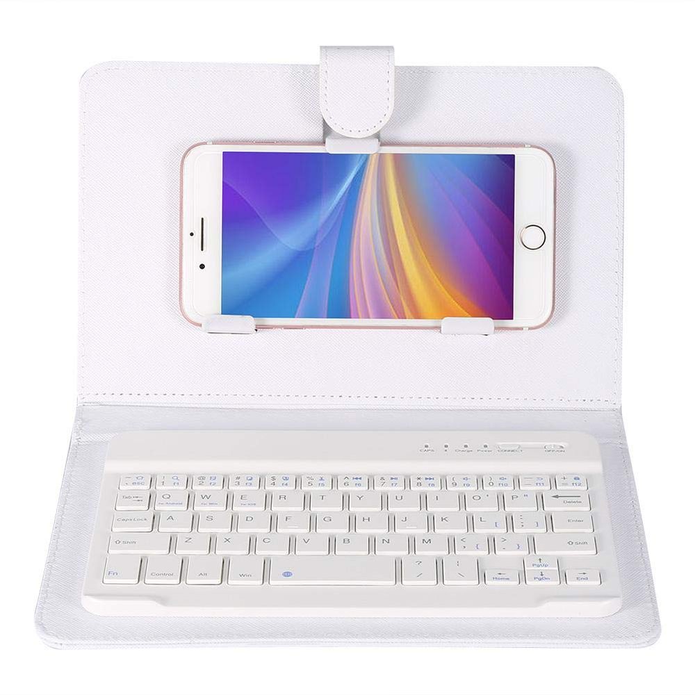Bluetooth Keyboard with Portfolio Flip Leather Case Cover Detachable Keyboard for 4.5'' 6.8'' iOS, Android and Smart Phones White