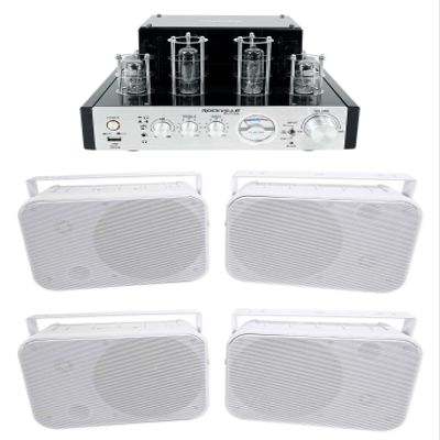 Rockville HP65S-8 Bundle: (4) 6.5 in Indoor/Outdoor Speakers with Swivel Brackets, BluTube 70-Watt Tube Stereo Receiver, Bluetooth, RCA inputs, for patios and Yard Audio, 5-Items