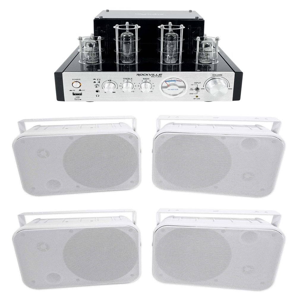 Rockville HP65S-8 Bundle: (4) 6.5 in Indoor/Outdoor Speakers with Swivel Brackets, BluTube 70-Watt Tube Stereo Receiver, Bluetooth, RCA inputs, for patios and Yard Audio, 5-Items