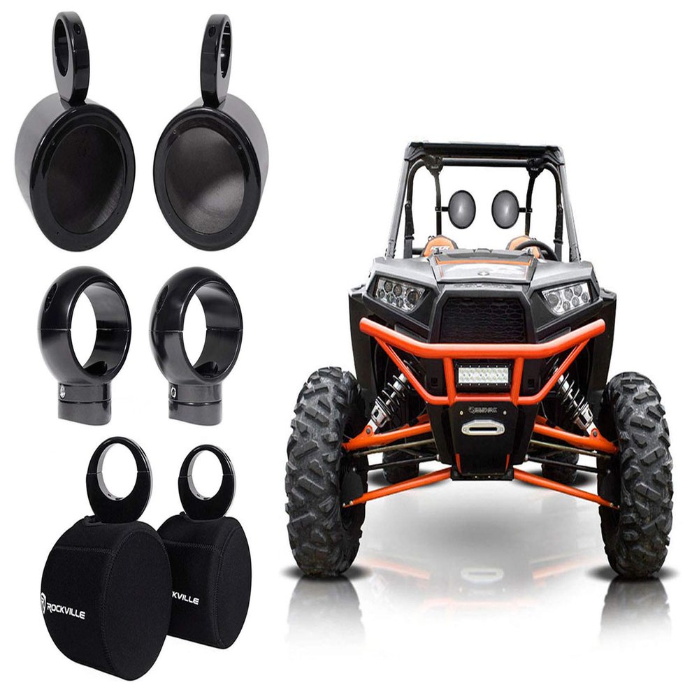 Rockville MAC525B Bundle: 5.25 in Black Marine Wakeboard Tower Speaker Pod Enclosures, MacSwivelB 360 Degree Rotation Swivel Clamp Mounts, RWBC525 Neoprene Covers for RZR/ATV/UTV, 3-Items