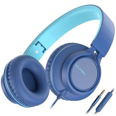 AILIHEN C8 Headphones Wired, On-Ear Headphones with Microphone and Volume Control, Corded 3.5mm Headset for Boys Girl School Smartphones Chromebook Laptop Computer Tablets Airplane Travel (Indigo)