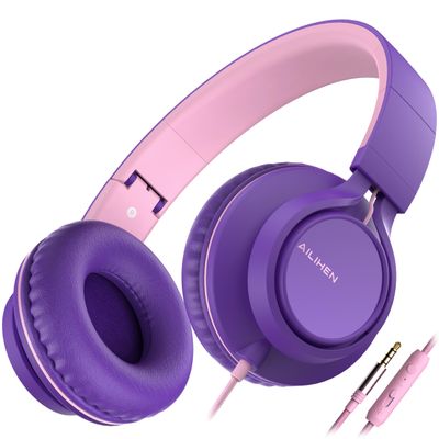 AILIHEN C8 Girls Headphones, On-Ear Headphones Wired with Microphone and Volume Control Foldable Corded Stereo 3.5mm Headset for Girls School Chromebook Laptop Computer PC Tablets Travel (Purple Pink)