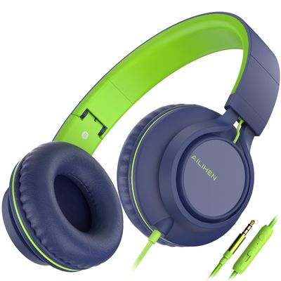 AILIHEN C8 Headphones Wired, On-Ear Headphones with Microphone and Volume Control, Corded 3.5mm Headset for Boys Girl School Smartphones Chromebook Laptop Computer Tablets Airplane Travel (Blue Green)