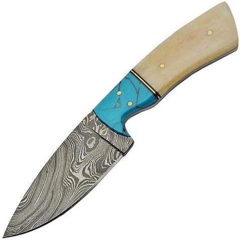Damascus SANZ Hunting Knife 8 Inch - Bowie Knife with Bone & Turquoise Handle, Full Tang Blade & Sheath - Pocket Knife for Hunting, Camping & Outdoor uses