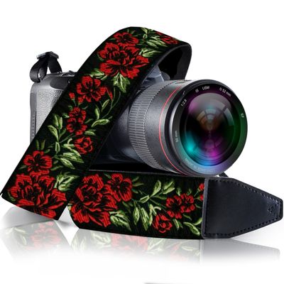 Art Tribute Camera Strap, Vintage Embroidered Neck Shoulder & Crossbody Camera Strap for DSLR Mirrorless Cameras, Fits Canon Nikon Sony Fujifilm, Quick Release, Photographer Gift, Red Roses