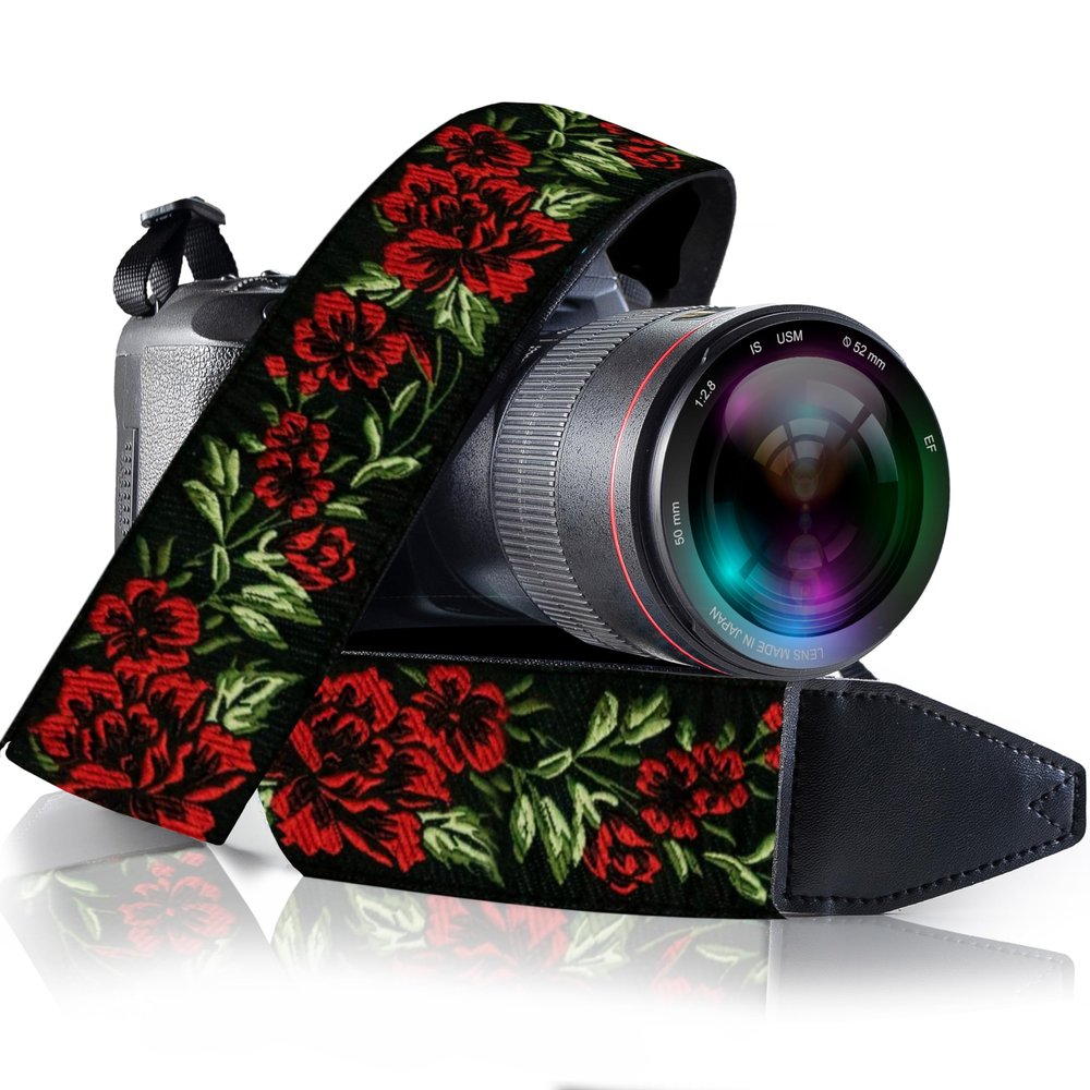 Art Tribute Camera Strap, Vintage Embroidered Neck Shoulder & Crossbody Camera Strap for DSLR Mirrorless Cameras, Fits Canon Nikon Sony Fujifilm, Quick Release, Photographer Gift, Red Roses