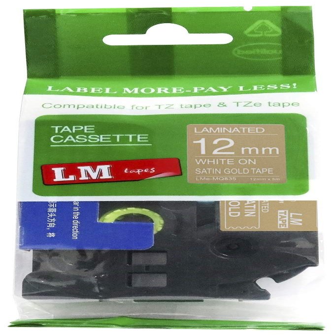1/Pack LM Tapes - LMeMQ835 Premium 1/2" White Print on Satin Gold Label Compatible with P-Touch TZe-MQ835 Tape TZ-MQ835 and Includes a Nice Tape Color/Size Guide. Replaces 12mm 0.47 Laminated