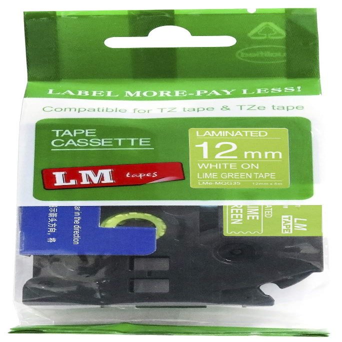 1/Pack LM Tapes - LMeMQG35 Premium 1/2" White Print on Lime Green Label Compatible with P-Touch TZe-MQG35 Tape TZ-MQG35 and Includes a Nice Tape Color/Size Guide. Replaces 12mm 0.47 Laminated
