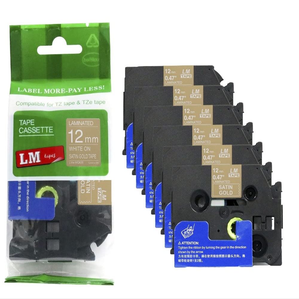 6/Pack LM Tapes - LMe-MQ835 Premium 1/2" White Print on Satin Gold Label Compatible with Ptouch TZe-MQ835 Tape TZMQ835 and Includes a Nice Tape Color/Size Guide. Replaces 12mm 0.47 Laminated