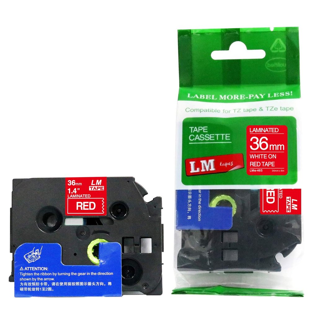 6/Pack LMe465 Premium 1.5" White Print on Red Label Tape, Compatible with Brother TZe-465 P-Touch Tape 36mm Laminated Replacement Label Tape.