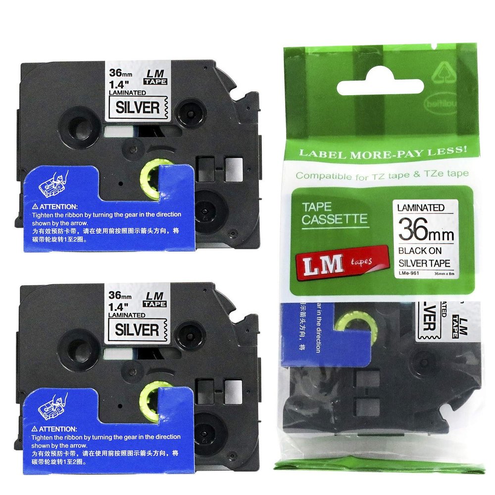 2/Pack LMe961 Premium 1.5" Black Print on Silver Label Tape, Compatible with Brother TZe-961 P-Touch Tape 36mm Laminated Replacement Label Tape.