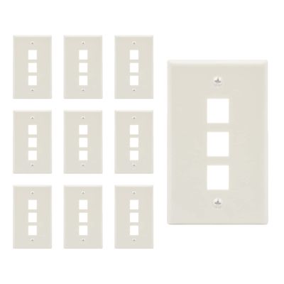Beszin 3 Port Keystone Jack Wall Plate with Smooth Face (10-Pack, White)