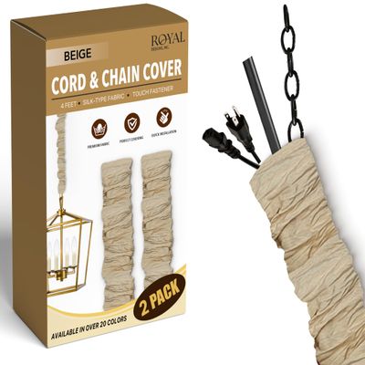 RDI Cord & Chain Cover 4 feet Silk Type Fabric, Chandelier Pendant Lighting Chain & Cable Management, Touch Fastener, Beige - 2 Pack