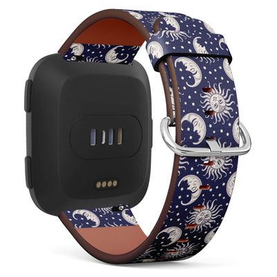 Compatible with Fitbit Versa, Versa 2, Versa Lite - Quick Release Leather Wristband Bracelet Replacement Accessory Band - Sun Moon Vintage