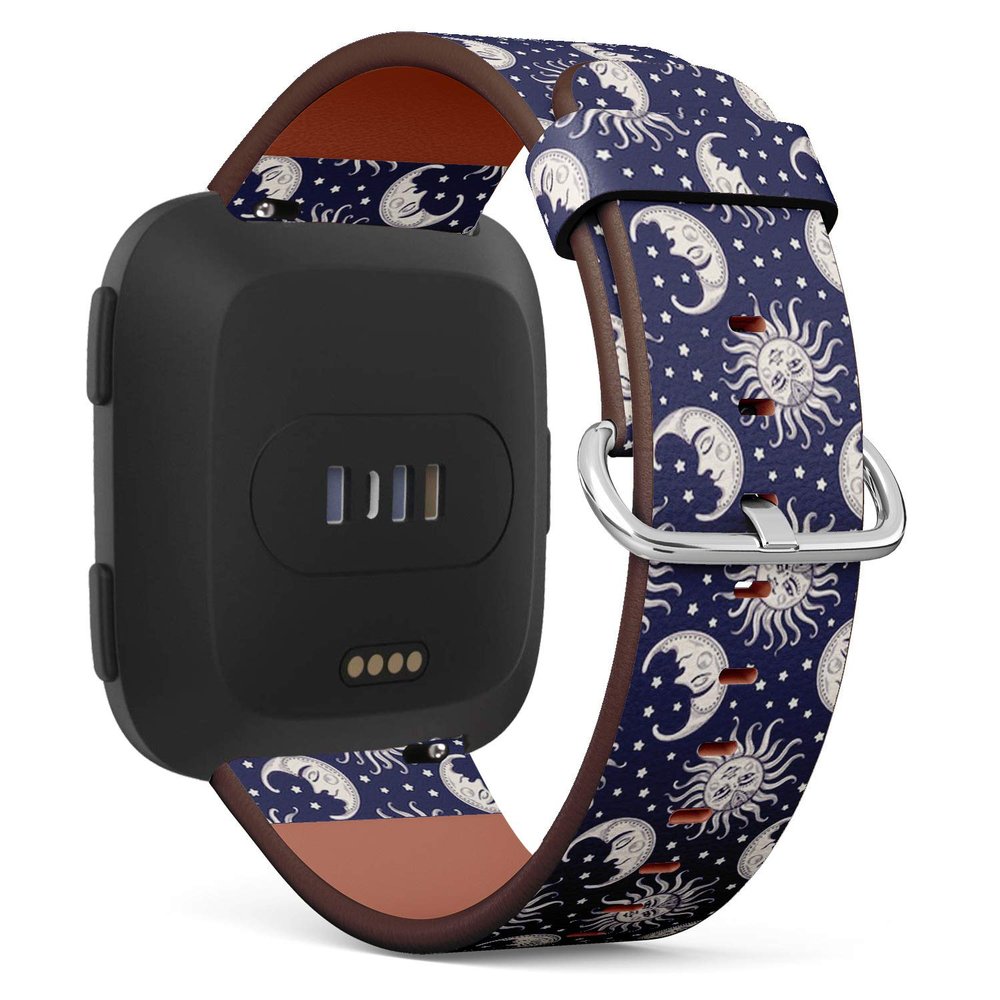 Compatible with Fitbit Versa, Versa 2, Versa Lite - Quick Release Leather Wristband Bracelet Replacement Accessory Band - Sun Moon Vintage