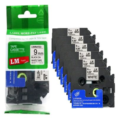 6/Pack LM Tapes - LMe-221 Premium 3/8" Black Print on White Label Compatible with Brother TZe221 Tape and Includes Tape Color/Size Guide. Replaces TZ-221 9mm 0.35 Laminated.