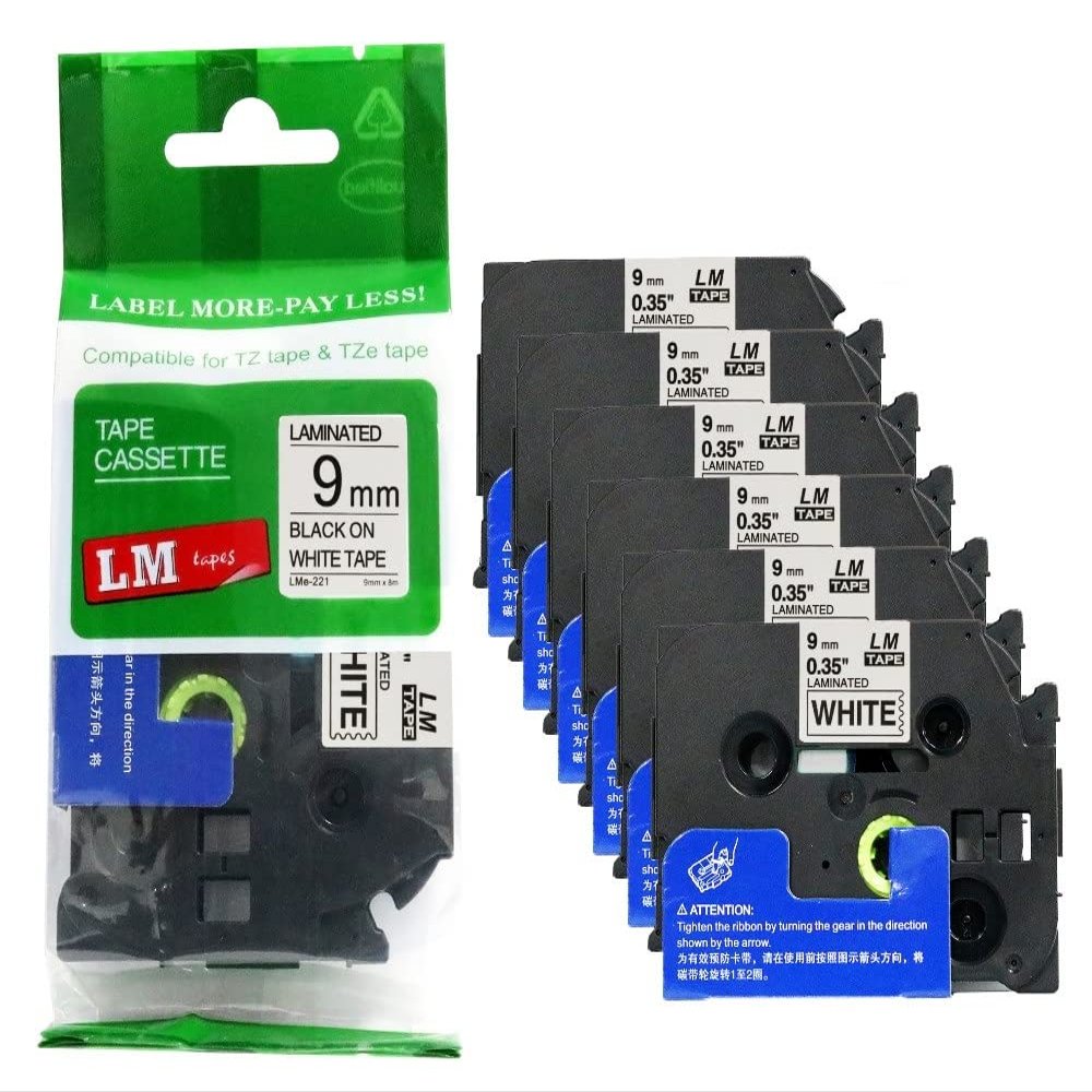6/Pack LM Tapes - LMe-221 Premium 3/8" Black Print on White Label Compatible with Brother TZe221 Tape and Includes Tape Color/Size Guide. Replaces TZ-221 9mm 0.35 Laminated.
