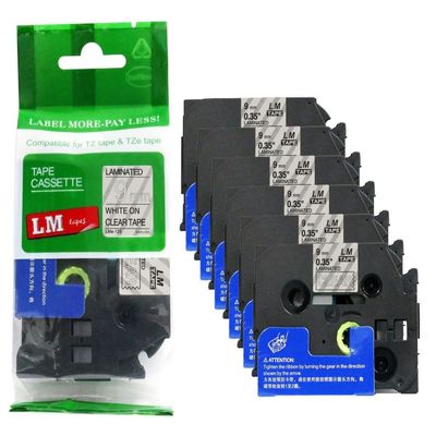 6/Pack LM Tapes - LMe-125 Premium 3/8" White Print on Clear Label Compatible with Brother TZe125 Tape and Includes Tape Color/Size Guide. Replaces TZ-125 9mm 0.35 Laminated.
