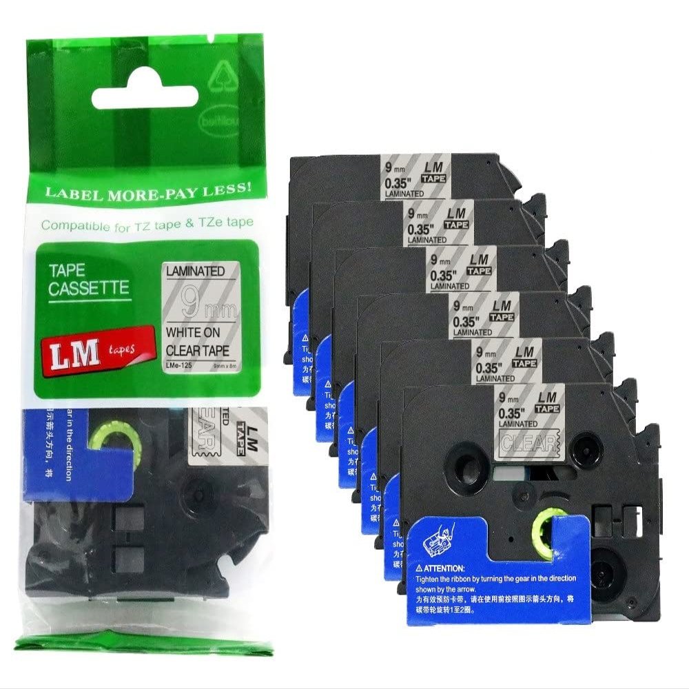 6/Pack LM Tapes - LMe-125 Premium 3/8" White Print on Clear Label Compatible with Brother TZe125 Tape and Includes Tape Color/Size Guide. Replaces TZ-125 9mm 0.35 Laminated.