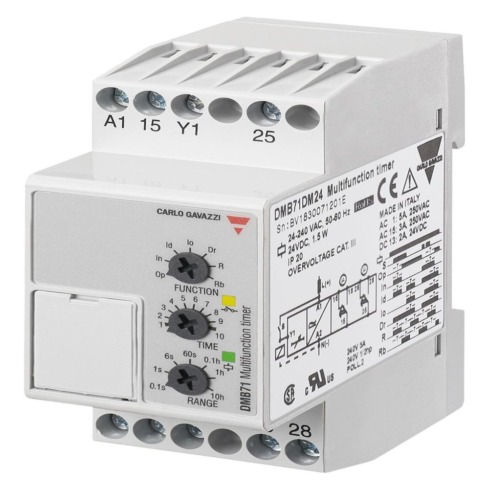 CARLO GAVAZZI DMB71DM24 24-240VAC, 7 Mode, Automatic OR Manual Start, DIN Rail Mount, DMB Series, Multifunction, Selectable TIME Range 0.1 S to 100 H, Timer