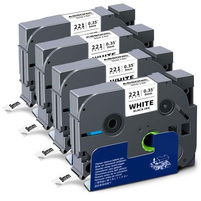 Absonic Tz-221 9mm 0.35" Label Maker Tape Compatible for Brother Tze-221 9mm 0.35" Laminated Black on White P Touch Tz Tze Label Tape 3/8" Work for Ptouch PTH100 PTH110 PTD600 PTD400 PTD210, 4-Pack