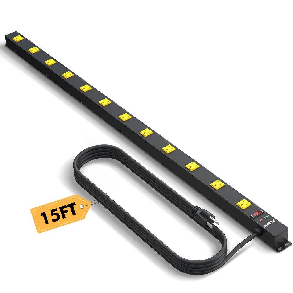 12 Outlet Industrial Power Strip with 15Ft Cord, 1875W Heavy Duty Metal Power Strip with Wide-Spaced Outlets & Overload Protection, ETL Listed for Garage, Workshop, Office, Home