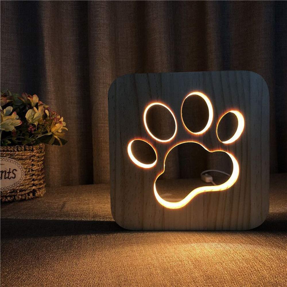 WALKKING WAYS Creative Wood Lamp, LED Night Light/3D Wood Carving Dog Claw Pattern USB Portative Mood Lamp for Bedroom Living Room Nightstand