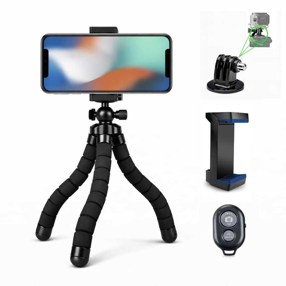 Acuvar Cell Phone Tripod with Remote, 10 Flexible Mini Tripod Stand, Phone Holder & GoPro Adapter, Bendable Travel Tripod for Video Recording, Vlogging, Smartphones, Cameras