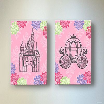 Girls Princess Nursery Canvas Wall Decor - Unique Castle & Vintage Carriage Floral Wall Art - Memorable Baby Shower Gifts For Newborns Bedrooms & Playrooms - Choose From Designer Colors & Sizes